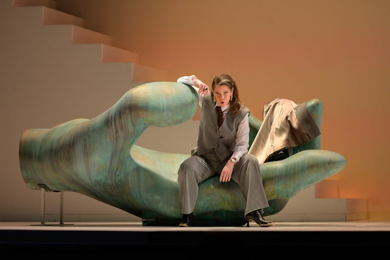 Elizabeth Reiter (Donna Elvira) on an original sculpture by Jesse Wine in Opera Philadelphia’s recent "Don Giovanni."