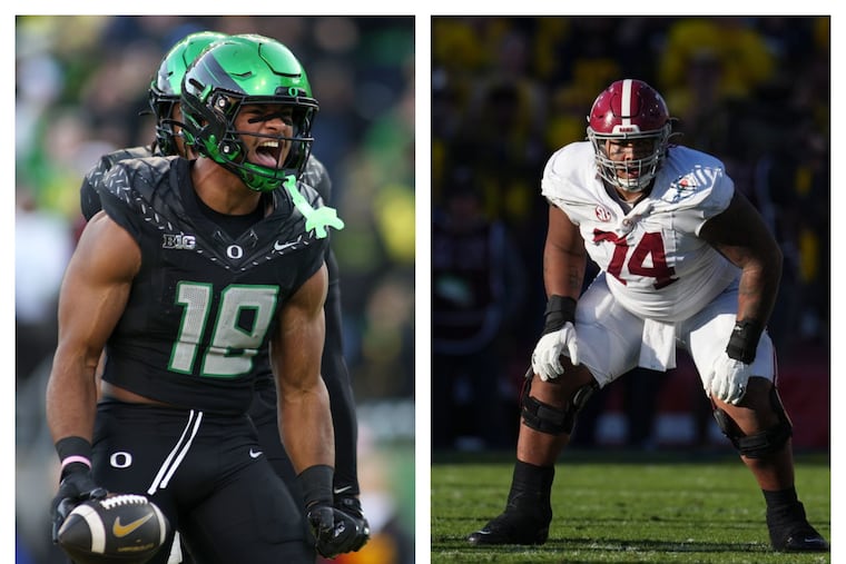Will the Eagles be in position to fill a need with Oregon tight end Kenyon Sadiq (left) or Alabama offensive lineman Kadyn Proctor?