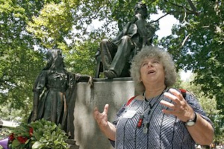 Actress Miriam Margolyes speaks at the statue of Dickens and Little Nell in Clark Park. This statue has limitations: It may be the only one of the author anywhere.