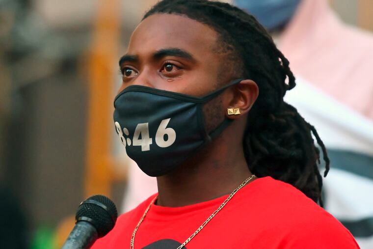 Cortez Rice, 31, of Minneapolis, cries as he calls for justice during a protest outside the Hennepin County Government Center, Thursday in Minneapolis, in response to former Minneapolis Police Officer Derek Chauvin, charged with murder in the death of George Floyd, posted bond and was released from jail a day earlier.