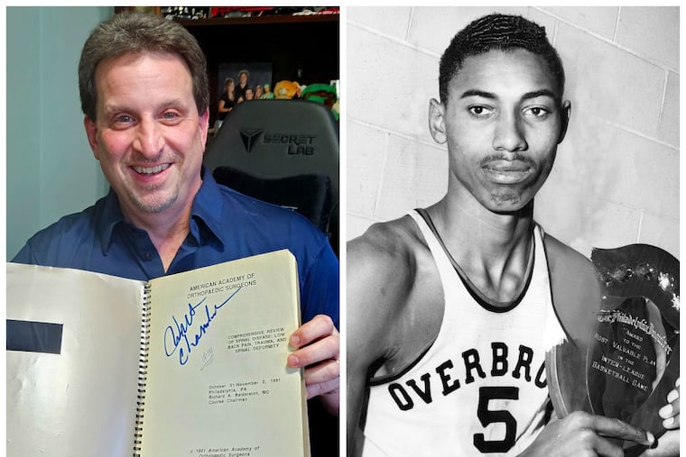 Ed Uberti (left) holding a syllabus signed by Wilt Chamberlain at his home in Hermitage, Pa. Chamberlain is shown during his high school days at Overbrook.