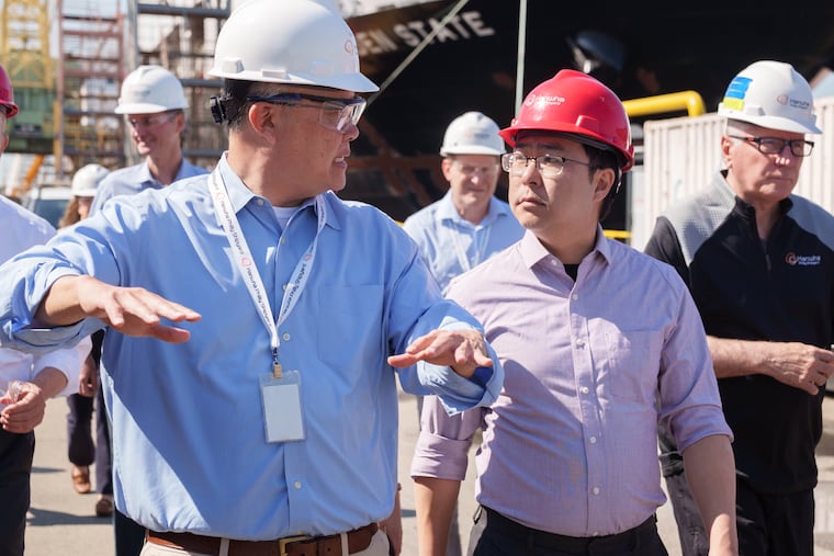 Hanwha Philly Shipyard CEO David Kim (left) describes work at the company's South Philly complex to first-time visitor U.S. Sen. Andy Kim of New Jersey.