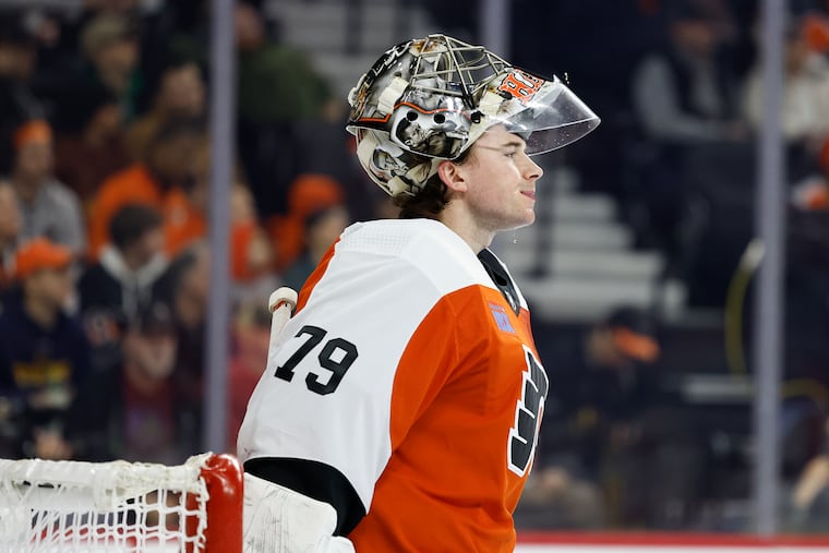 Flyers goaltender Carter Hart during a break against the Calgary Flames on Jan. 6, 2024. He left the team later that month.