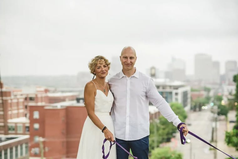 Blaine Butler and Kyle Gumlock at their wedding in Richmond in September. Since treatment, she has resumed the activities she previously enjoyed: rowing, cooking and walking her dogs.