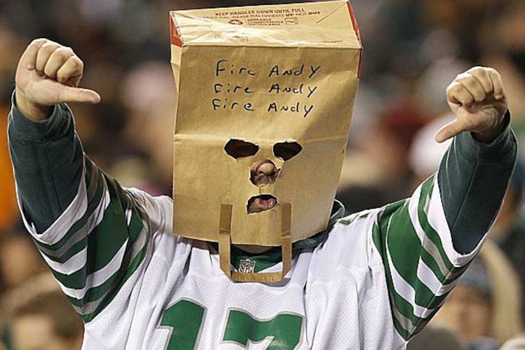 An Eagles fan shows how he feels about his team during the Eagles game against the Panthers. (Ron Cortes/Staff Photographer)