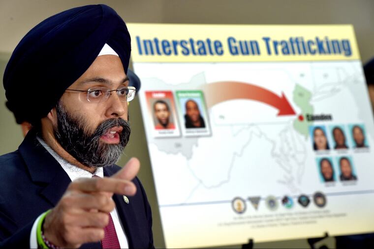 New Jersey Attorney General Gurbir Grewal announces at press conference the 7 arrests made in a major interstate gun trafficking ring that brought weapons, including AK-47s into Camden.