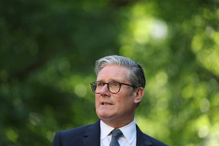 Britain's Prime Minister Keir Starmer speaks during a reception following the U.K.-E.U. summit in London on Monday, May 19, 2025.