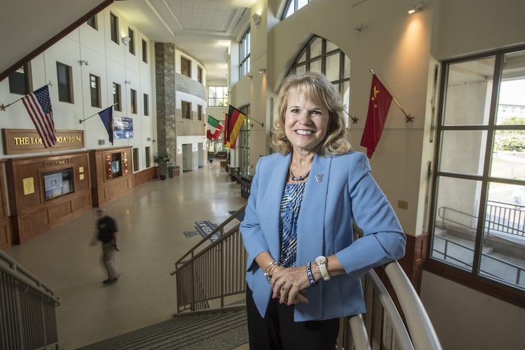 Villanova Business School Dean Joyce Russell in the atrium of Bartley Hall.