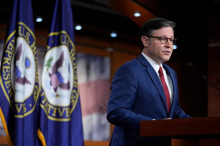 Speaker of the House Mike Johnson talks to the media on Monday, Nov. 10.