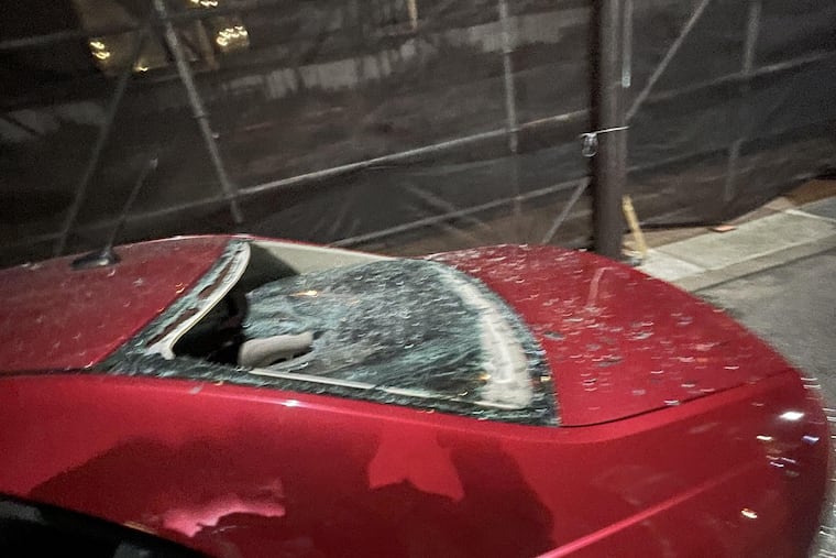 A photo from Nikki Bullock of her vehicle, after a motorcyclist shattered the rear windshield of her 2012 Ford Fusion. Two small children had been sitting in the back seat. The incident was captured on a video that has since gone viral.