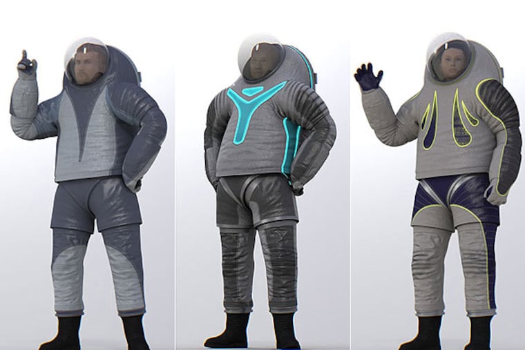 The suits being voted on are, from left, “Biomimicry,” “Technology,” and “Trends in Society.” The outer layer will be made of a rugged, fireproof material, designed to protect underlying electronics from abrasions and the eyes of anyone seeking to copy the technology, a NASA spokesman said. (NASA)