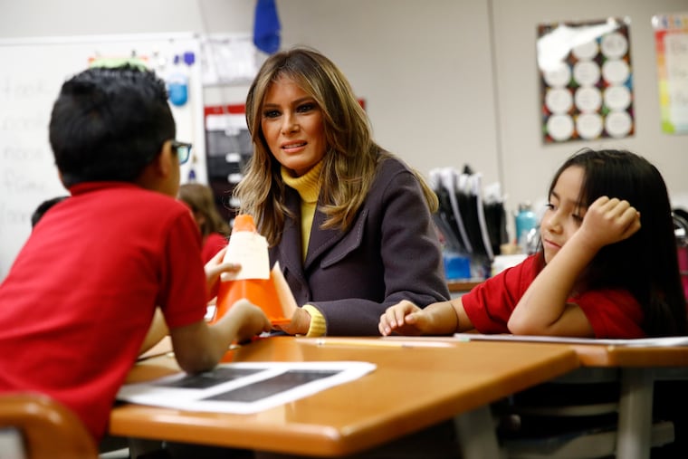 First lady Melania Trump visits with students in a classroom at Dove School of Discovery in Tulsa, Okla., Monday, March 4, 2019, during a two-day, three-state swing to promote her Be Best campaign. (AP Photo/Patrick Semansky)