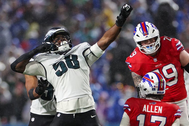 Philadelphia Eagles linebacker Jalyx Hunt celebrates his sack on Buffalo Bills quarterback Josh Allen in the fourth quarter at Highmark Stadium in Orchard Park, N.Y. on Sunday, Dec. 28, 2025.