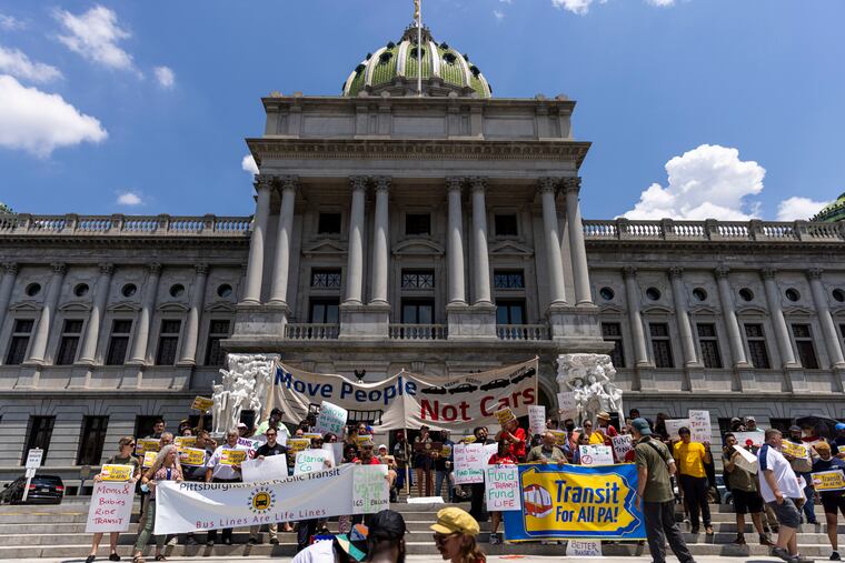 Transit for All PA, a coalition of advocacy groups from across the state, rallies for a stable funding source for public transportation in Pennsylvania on the steps of the state Capitol last month.