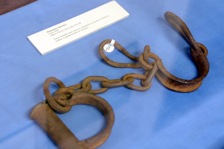 Shackles, on display at Pomona Hall in Camden, October 1, 2013, will be on display as part of a trolly tour by the Camden County Historical Society in October. They were used on slaves in South Carolina (circa 1850). (TOM GRALISH / Staff Photographer)