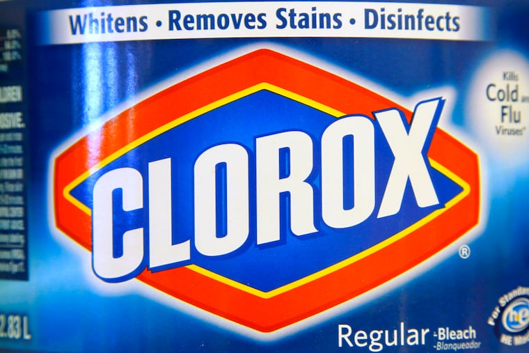 A label on a bottle of Clorox bleach is displayed in a supermarket.