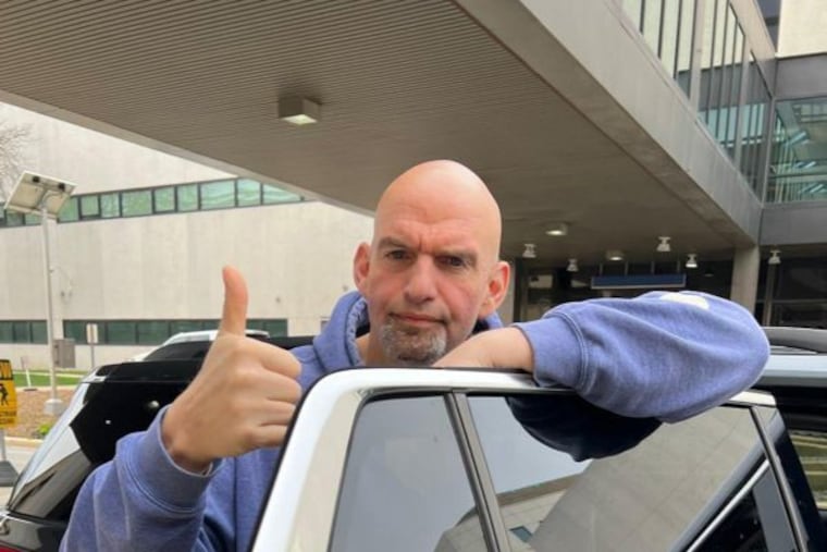 Sen. John Fetterman is photographed leaving Walter Reed National Military Medical Center on Friday, after six weeks of inpatient treatment for clinical depression. His office said he returned home to Braddock to be with his family, and his office has said he'll return to the Senate the week of April 17.