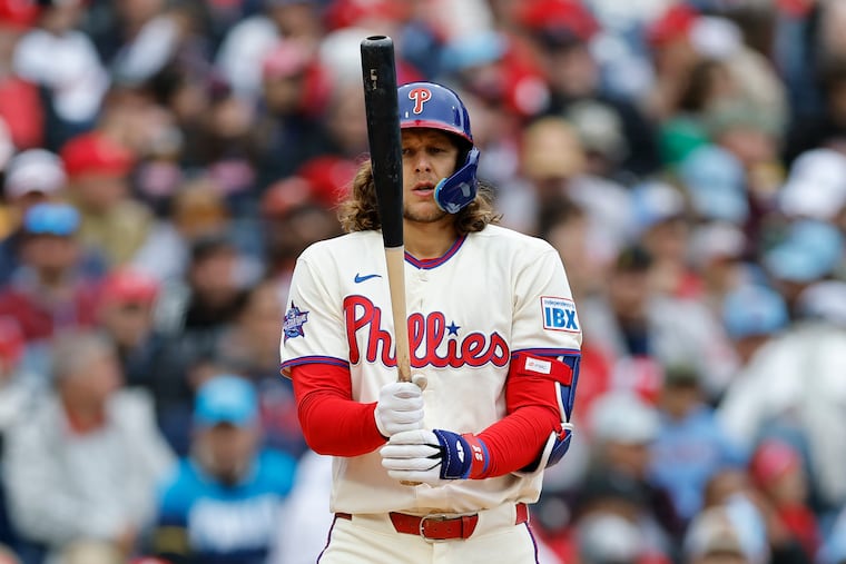 Phillies third baseman Alec Bohm at bat against the Cleveland Guardians on Sunday.