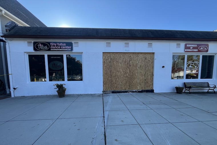 Damage shown to local Moorestown businesses after a car crashed into a shopping center Thursday, Oct. 23, 2025.