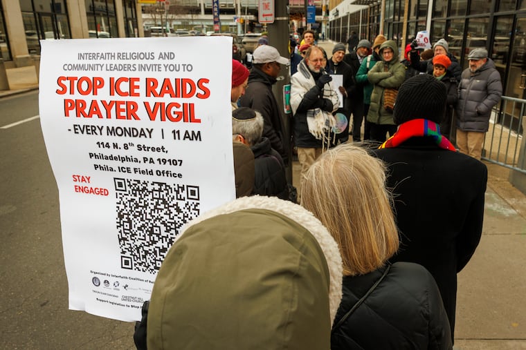 Interfaith religious and community leaders hold a prayer vigil outside the Philadelphia office of U.S. Immigration and Customs Enforcement at 114 N. 8th Street in Center City. At least two groups hold regular protests outside the agency.