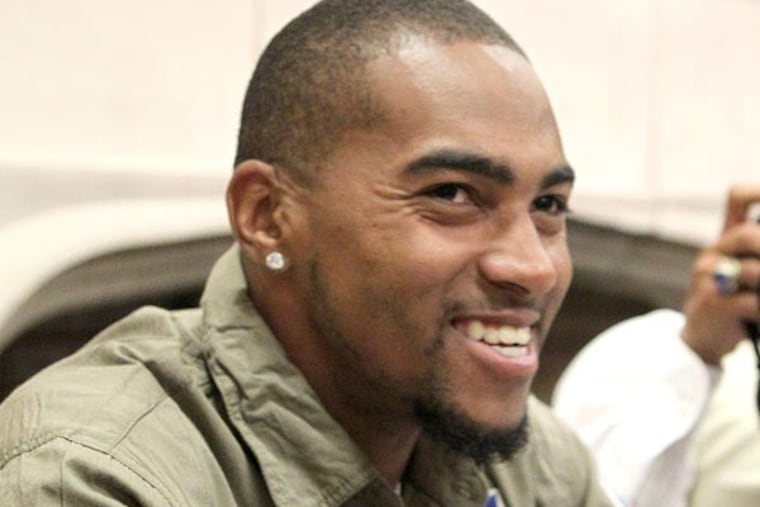 DeSean Jackson holds a press conference before the screening of a movie about DeSean and his father. (Charles Fox/Staff Photographer)