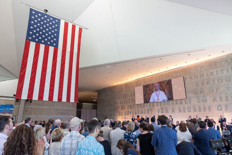Pope Leo XIV speaks, from the Vatican, to the Liberty Medal Ceremony at the National Constitution Center in Philadelphia, Pa., on Friday, July 3, 2026.