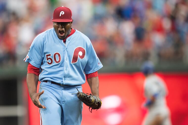 Phillies closer Hector Neris shouts after recording the final out of Thursday's 7-6 victory over the Los Angeles Dodgers at Citizens Bank Park.