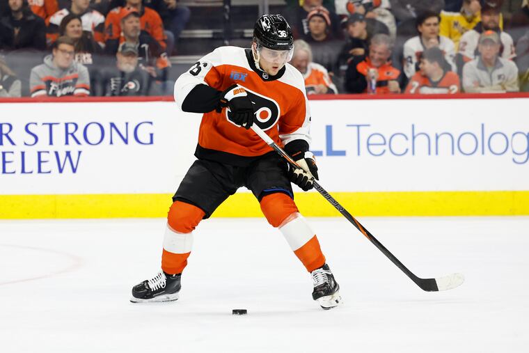 Flyers defenseman Emil Andrae skates with the puck against the Los Angeles Kings on Thursday, December 19, 2024 in Philadelphia.