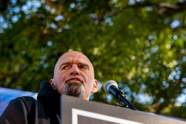 Democratic candidate for the U.S. Senate John Fetterman appears at a rally in Lions Park in Bristol, Bucks County, last week.