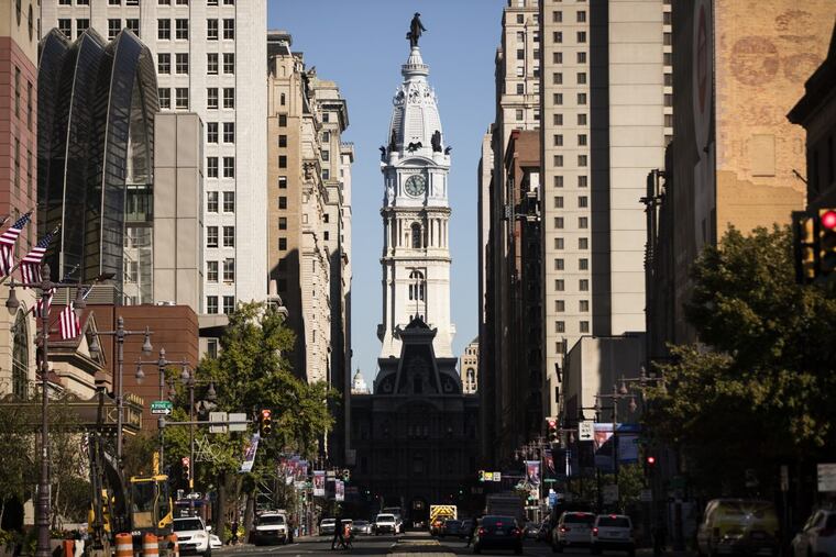 FILE – This Wednesday, Oct. 18, 2017, file photo shows City Hall in Philadelphia. Pennsylvania. Boston and Philadelphia both had longstanding sports curses — in Philly, it was centered on the William Penn Statue atop City Hall.