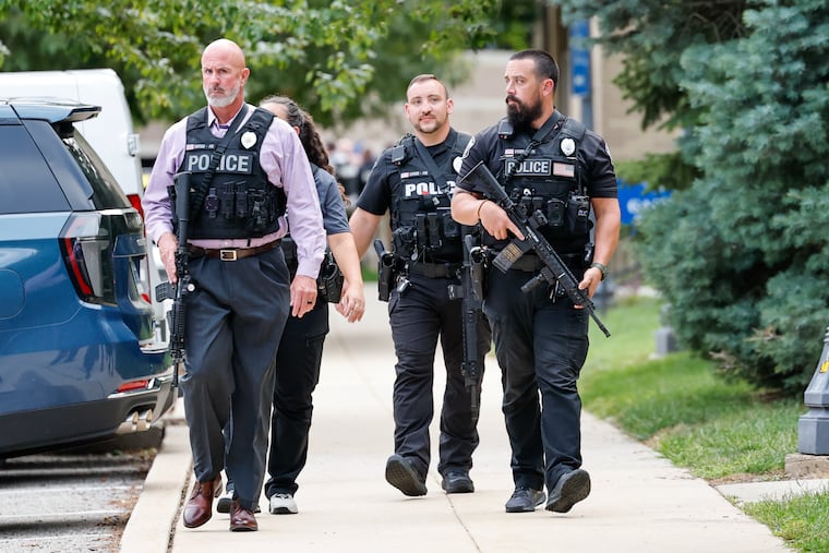 Police and first responders at the Villanova University campus on Thursday, Aug. 21, 2025, where an active shooter was reported, later confirmed to be a hoax.