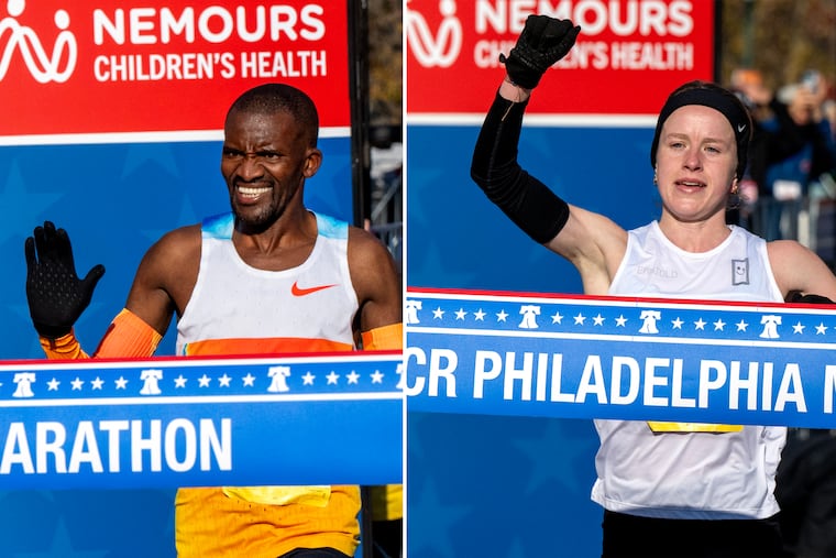 Men’s winner Melikhaya Frans, left, of South Africa and women’s winner Anna Oeser, of Brookfield, Conn., cross the finish line at the Philadelphia Marathon.