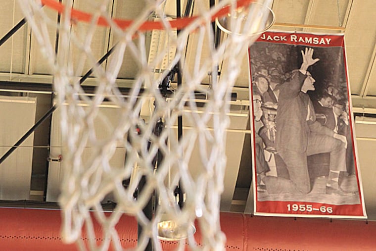 A banner for Dr. Jack Ramsay hangs in Hagan Arena at Saint Joseph's. (Charles Fox/Staff Photographer)