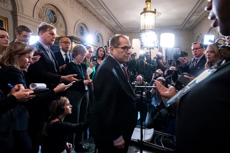 House Judiciary Committee Chairman Jerrold Nadler, D-N.Y., turns to leave following a short statement to the press after the Democratic-controlled panel approved two articles of impeachment against President Donald Trump, Friday, Dec. 13, 2019, on Capitol Hill in Washington.