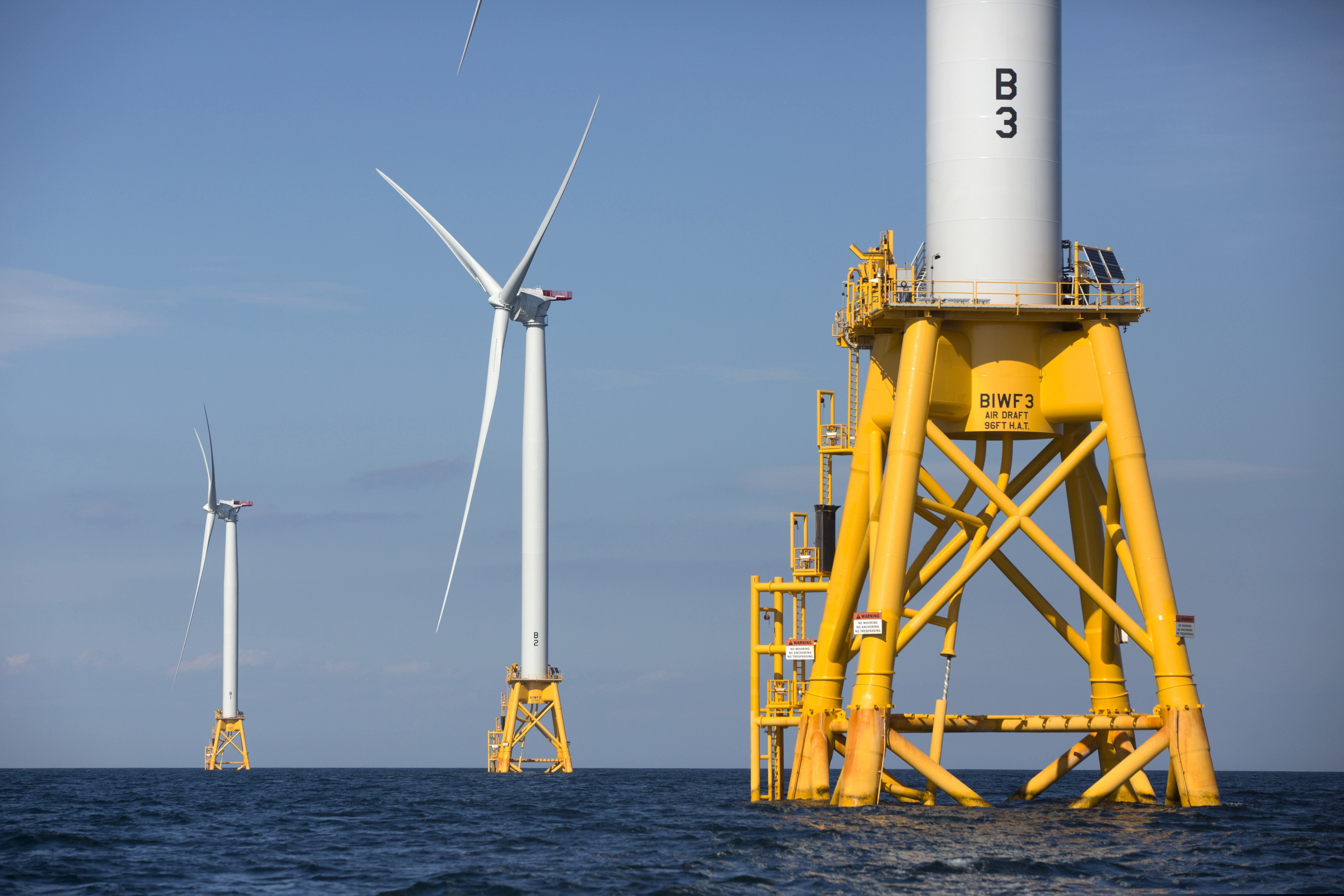 Three of Deepwater Wind's five turbines stand in the water off Block Island, R.I, the nation's first offshore wind farm. An offshore wind project off the island of Martha's Vineyard, Mass., was approved by the federal government on Tuesday.