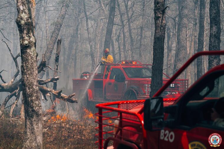 The Mines Spung fire that started Friday in Wharton State Forest burned 5,750 acres as of Monday afternoon and the fire was considered 80% contained.