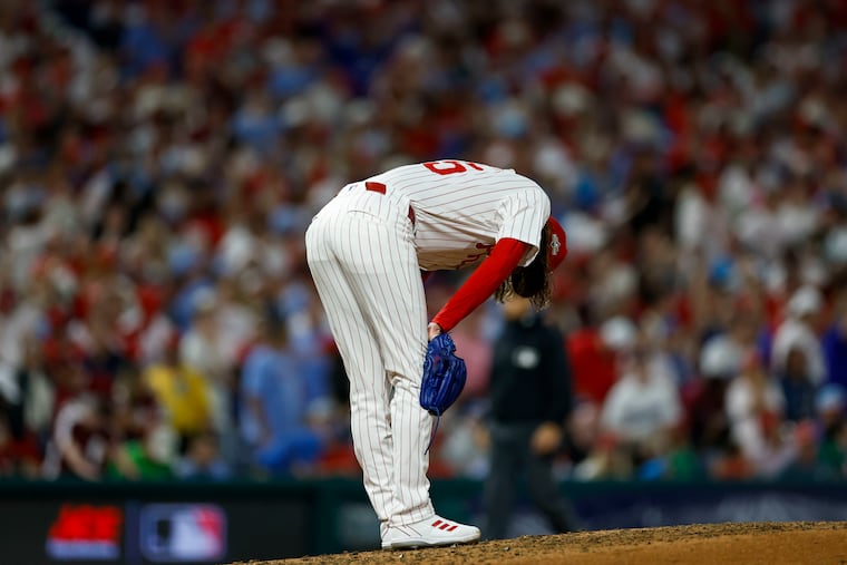 Phillies reliever Matt Strahm reacts after the Dodgers’ Teoscar Hernandez hit a three-run homer in the seventh inning to take a 5-3 lead.