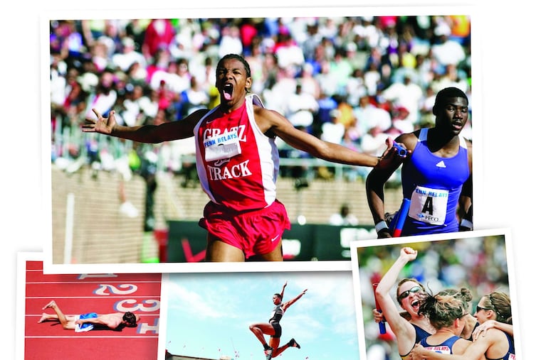 Snapshots from past Penn Relays, clockwise from top: Simon Gratz's Terrance Day exults after his team's victory in the Philadelphia Area 4x400 in 2001; Michigan's Nicole Edwards (left) is embraced by teammates after they won the 4x800 in 2007; Northern Illinois' Latesha Bigby leaps to victory in the women's heptathlon last year; and Penn's Cody Schovitz stretches before a 4x400 relay in 2004.