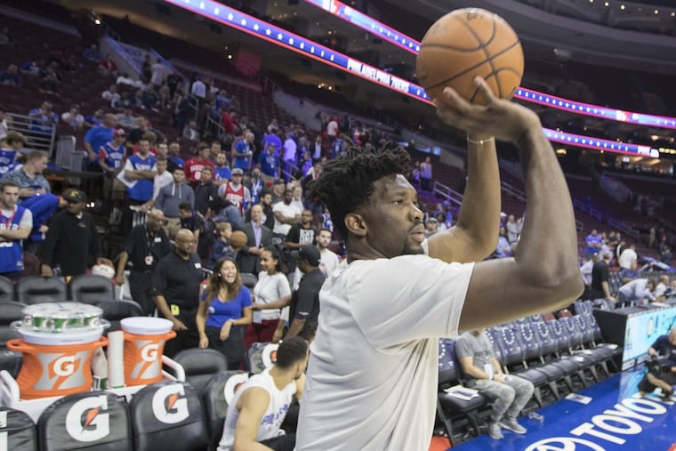 Joel Embiid, shooting before Wednesday’s preseason game against Memphis.