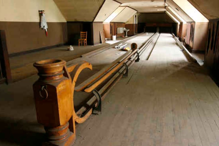 A two-lane bowling alley remains intact in the attic of Visitation Blessed Virgin Mary Catholic School, built 125 years ago. Sixteen teams of Philadelphia University students competed to draw up a design for turning the attic into useful space for the parish.