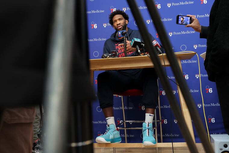 Joel Embiid speaks to the media for the first time since his injury at the Philadelphia 76ers training complex in Camden, NJ on Thursday, Feb. 29, 2024.