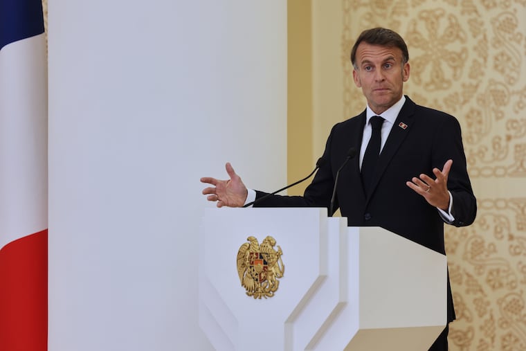 French President Emmanuel Macron addresses a media conference during the EU-Armenia summit at the Presidential Palace in Yerevan, Armenia, Tuesday, May 5, 2026.