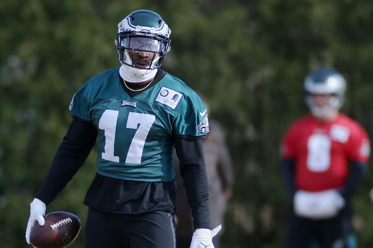 Eagles wide receiver Alshon Jeffery, pictured during practice at the NovaCare Complex on Wednesday, is questionable for Sunday's game against Seattle.