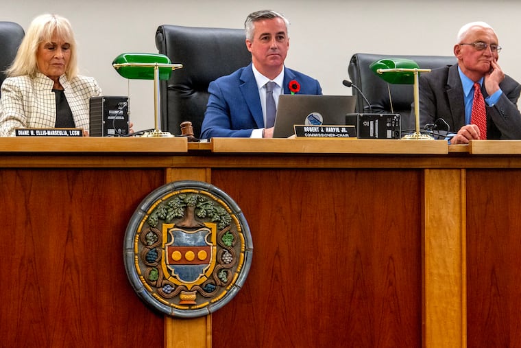 Bucks County Commissioners Diane Ellis-Marseglia (from left), Robert Harvie, Jr. and Gene DiGirolamo during meeting May 21, 2024.