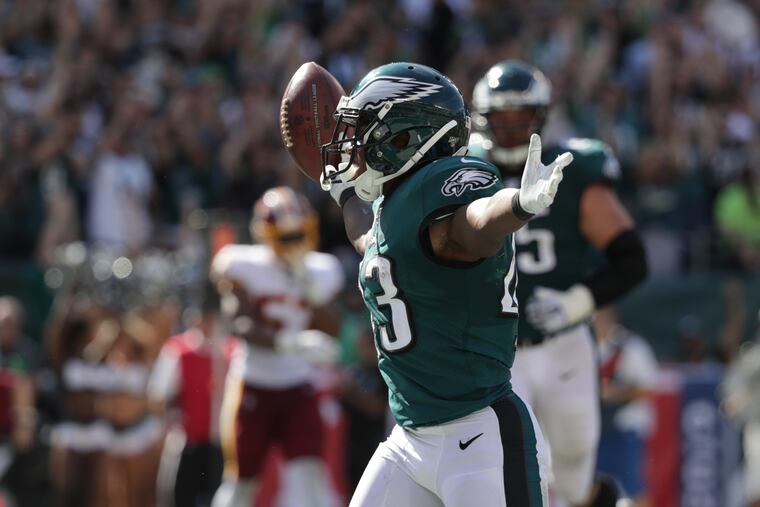 Eagles running back Darren Sproles celebrates after leaping into the end zone to make the conversion bringing the score to 29-20 against Washington at Lincoln Financial Field in Philadelphia, PA on September 8, 2019. .