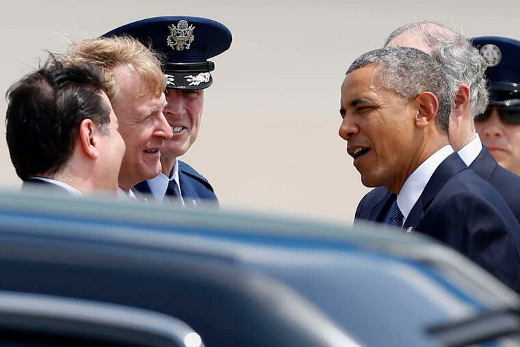 PHOTOS: KEITH SRAKOCIC / ASSOCIATED PRESS The prez was here . . . well, in western Pennsylvania, that is. President Obama arrives yesterday in Coraopolis, Allegheny County, before speaking about the economy in Pittsburgh. There was a large crowd beforehand awaiting the arrival of Air Force One.