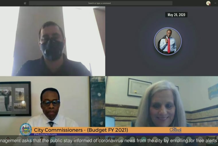 Philadelphia City Commissioner Lisa Deeley, and Deputy Commissioner Nick Custodio, top left, testify at a budget hearing before City Council, including Council President Darrell L. Clarke, bottom left.