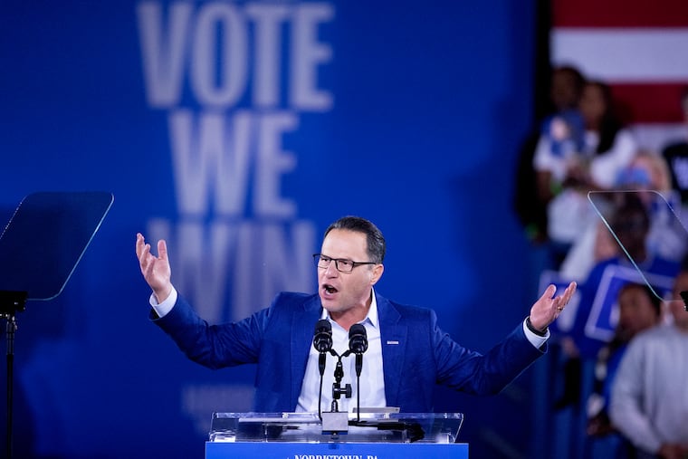 Pennsylvania Governor Josh Shapiro speaks at a rally for Kamala Harris on Saturday, November 2, 2024.