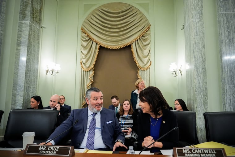 Sen. Ted Cruz, R-Texas, is the sponsor of the Protect College Sports Act and is pictured conversing with a cosponsor, Sen. Maria Cantwell, D-Wash., in 2025.