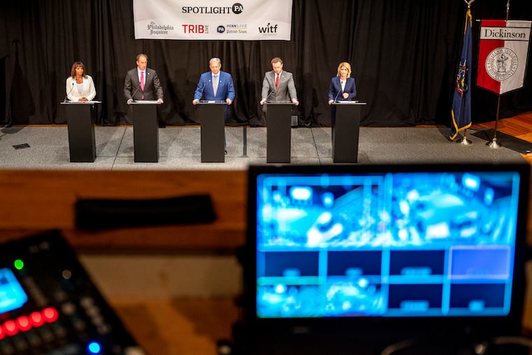 Republican candidates for the U.S. Senate are onstage during their live televised debate at Dickinson College Apr. 26, 2022.